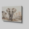 Framed canvas print of a realistic African elephant in a savannah landscape with acacia trees and soft beige tones