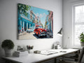 Framed canvas print of a vibrant Cuban street with vintage cars and colourful buildings