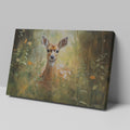 Framed canvas print of a gentle fawn in a sunlit meadow with vibrant wildflowers