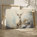 Framed canvas print of a majestic stag in a misty, ethereal forest landscape