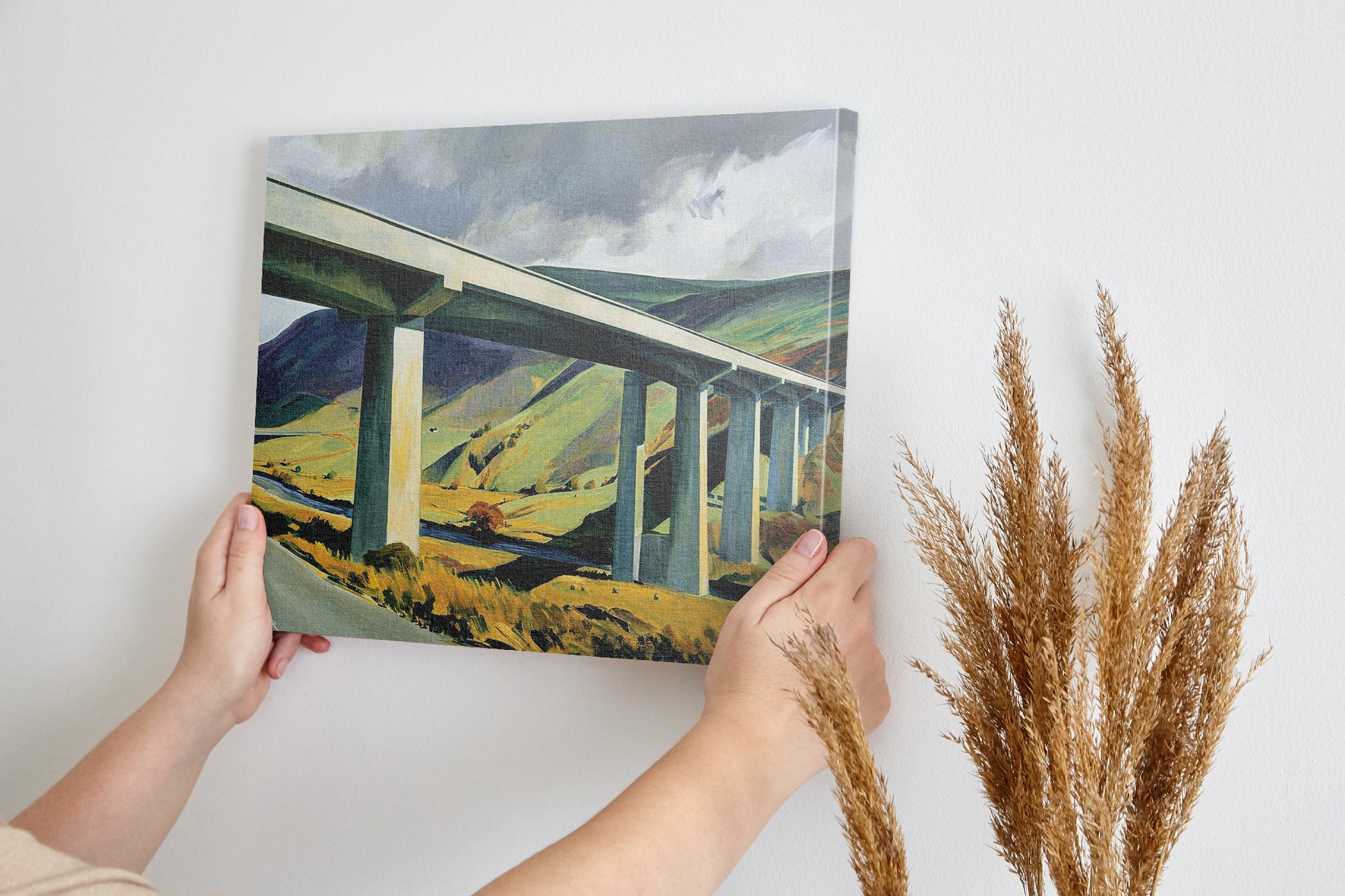 Framed canvas print of a modern landscape with a bridge over rural countryside