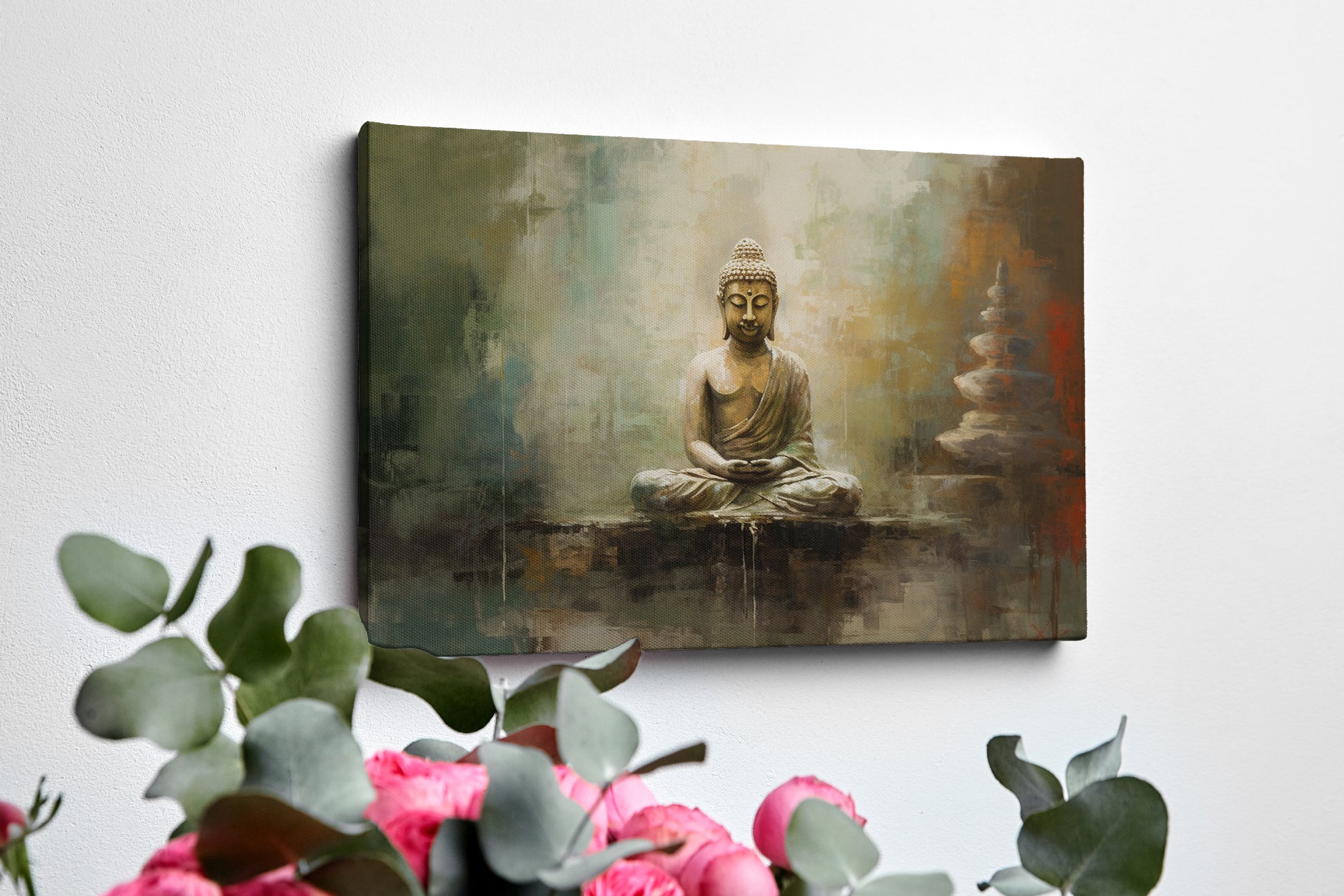 Framed canvas print of a serene Buddha with a gentle colour palette and textured finish