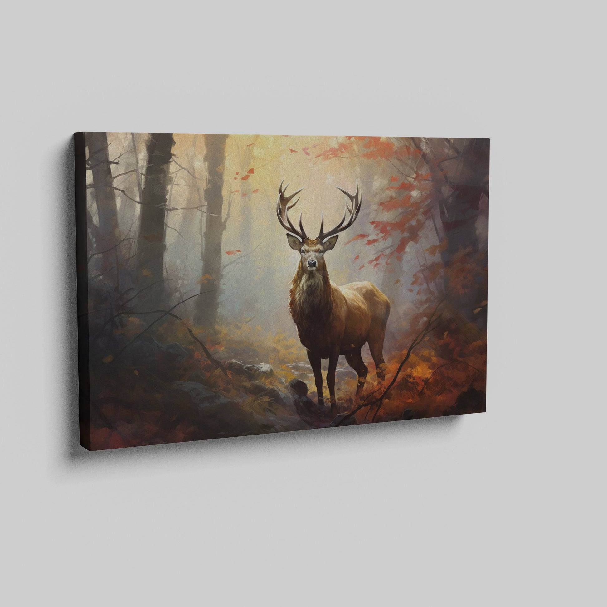 Framed canvas print of a majestic stag in an autumn forest with golden light filtering through the trees