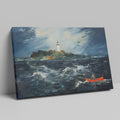 Framed canvas print of a stormy sea with a lighthouse on a cliff and a small boat navigating the waves