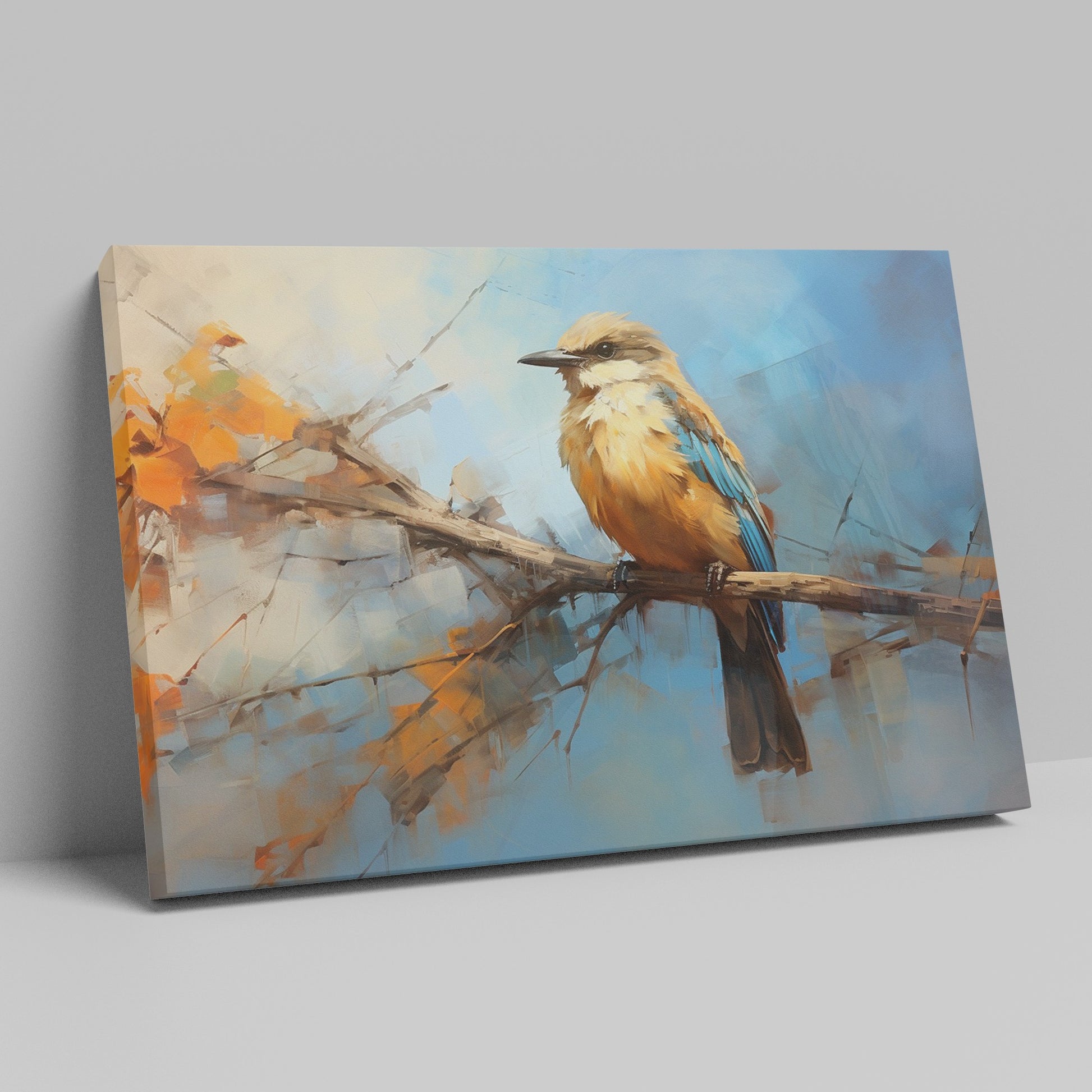 Framed canvas print of a vibrant impressionistic bird perched on a branch with abstract autumn background