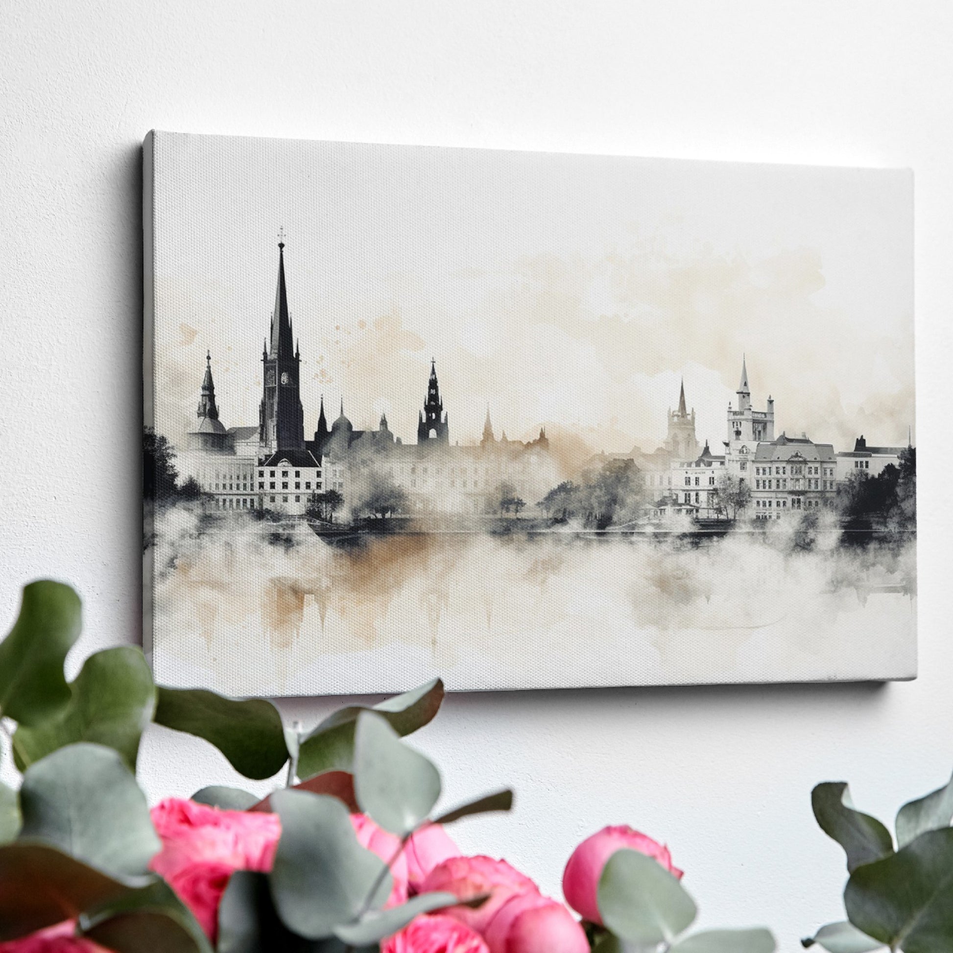 Framed canvas print of a monochromatic sepia cityscape with watercolor and reflection effects