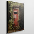 Framed canvas print of a vintage British red postbox entwined with green foliage in a forest