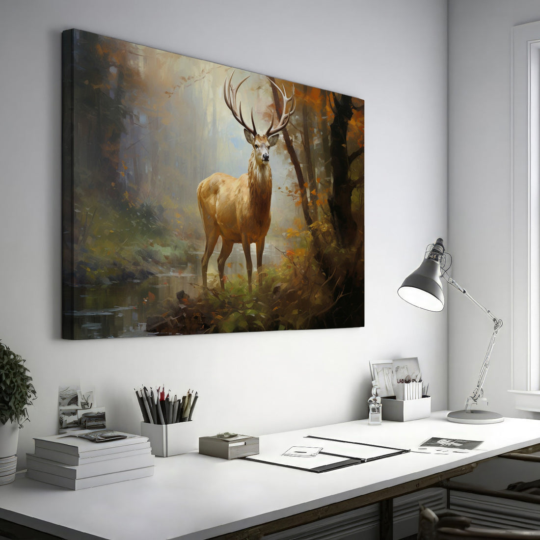 Framed canvas print of a majestic stag in a glowing autumn forest setting