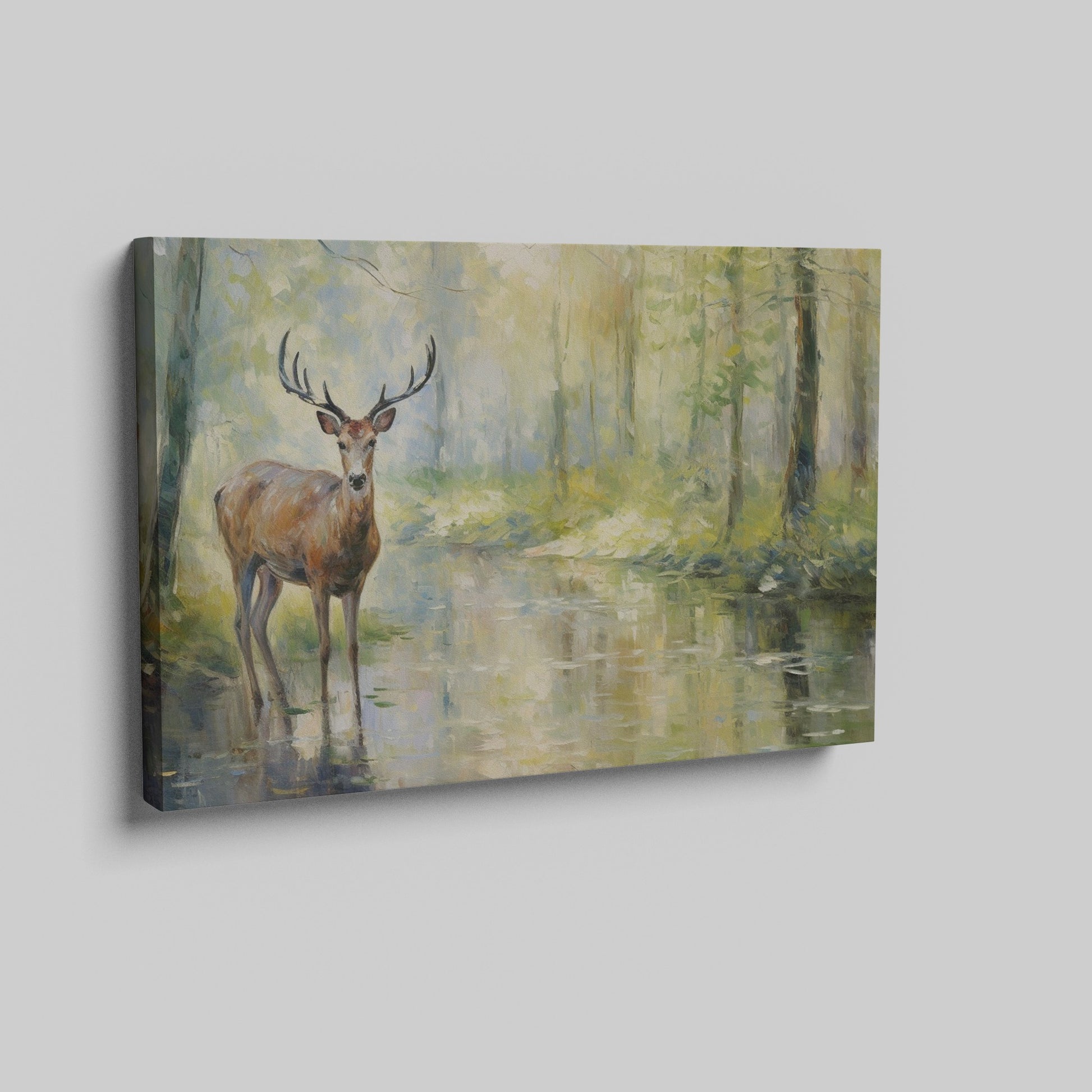 Framed canvas print of a deer standing beside a forest stream in impressionist style