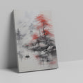 Framed canvas print of traditional Oriental landscape with misty mountains, a serene lake, and red foliage