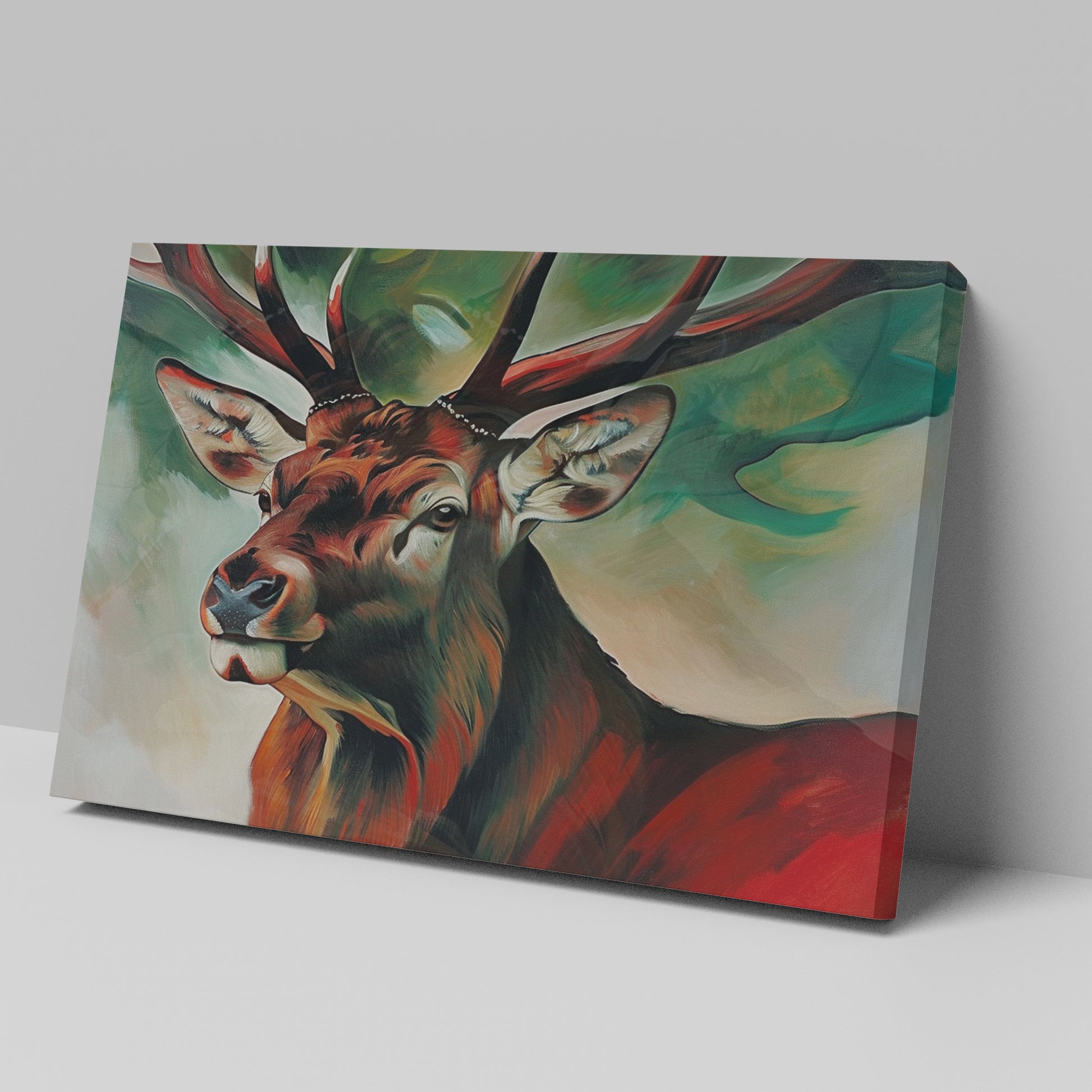 Framed canvas print of an expressive stag portrait with vibrant reds and abstract green background