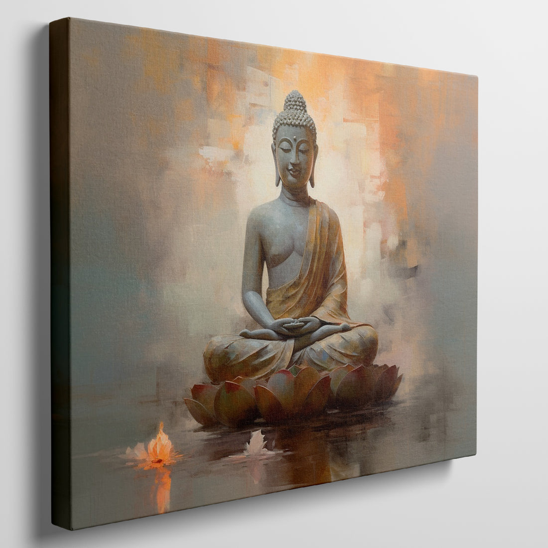 Canvas print of Buddha in meditation on a lotus, with a warm, abstract background in oranges and blues.