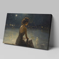 Framed canvas print of a woman in an evening dress admiring the reflective waters on a tranquil night