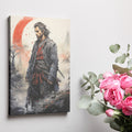 Framed canvas print of a samurai warrior in traditional Japanese attire with a red crescent background