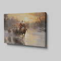 Framed canvas print of Santa Claus with reindeer in a winter sunset landscape