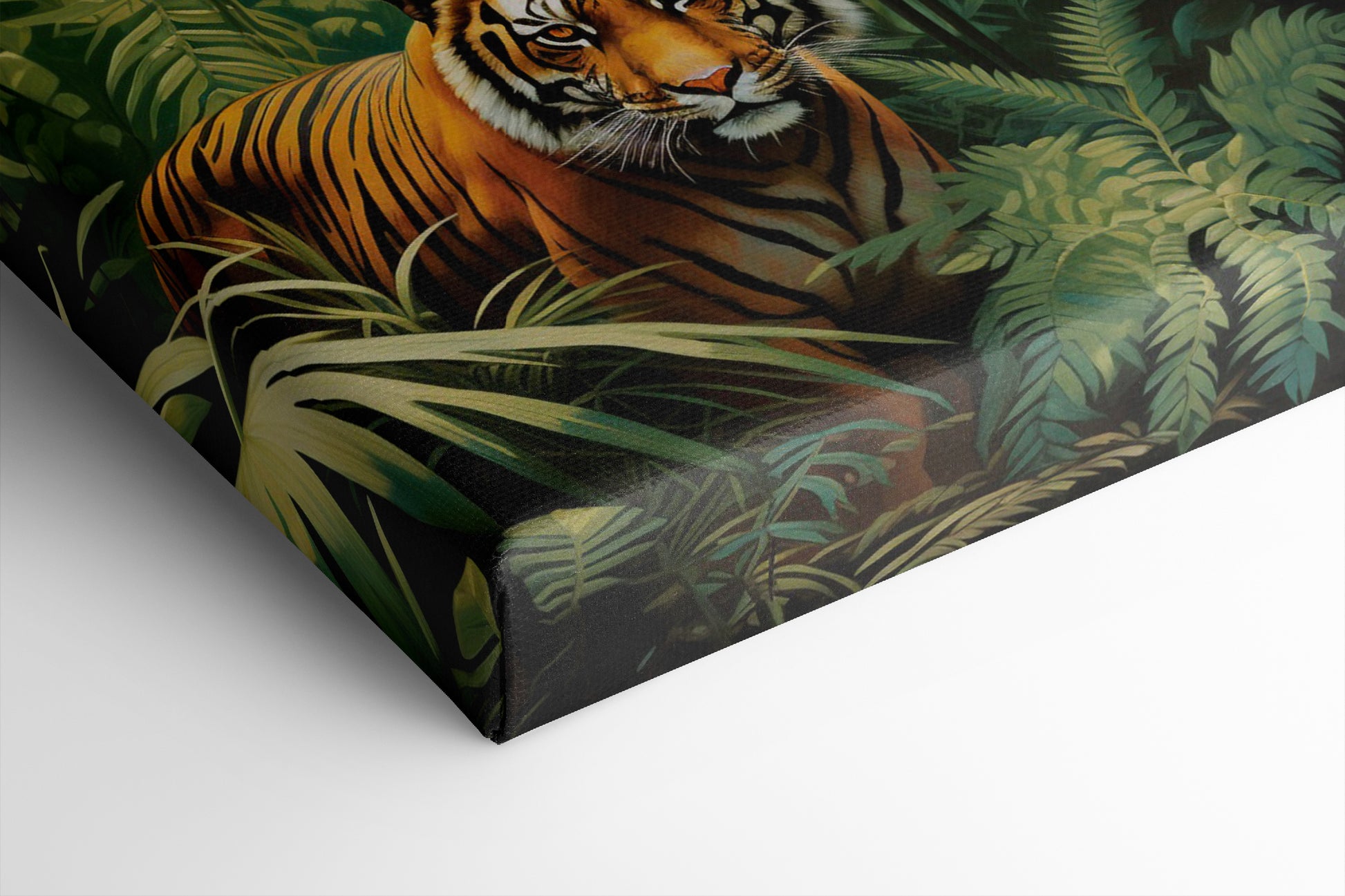 Framed canvas print of a majestic tiger amidst vibrant green tropical foliage