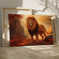 Framed canvas print of a majestic lion in golden autumn forest