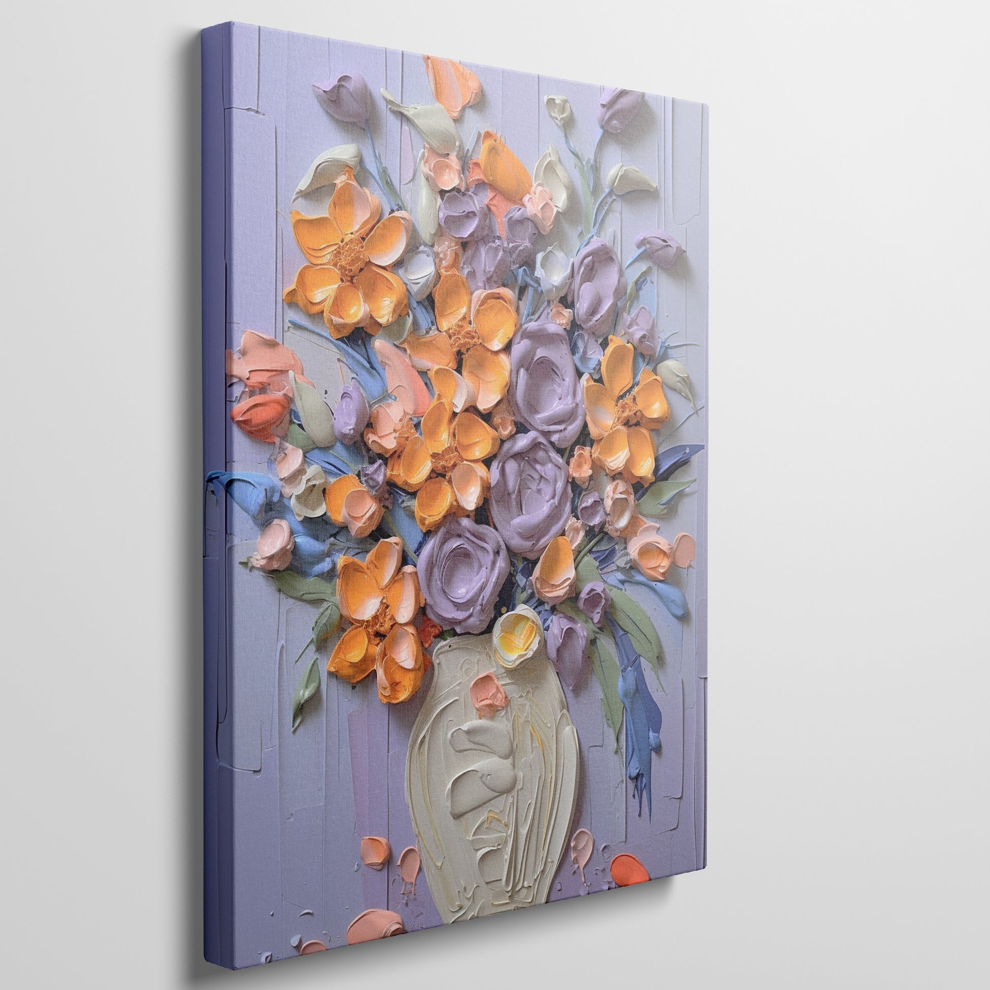 Framed canvas print of vibrant impasto-style floral bouquet with textured vase