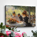 Framed canvas print of a 19th-century Impressionist dining scene with figures in elegant attire.