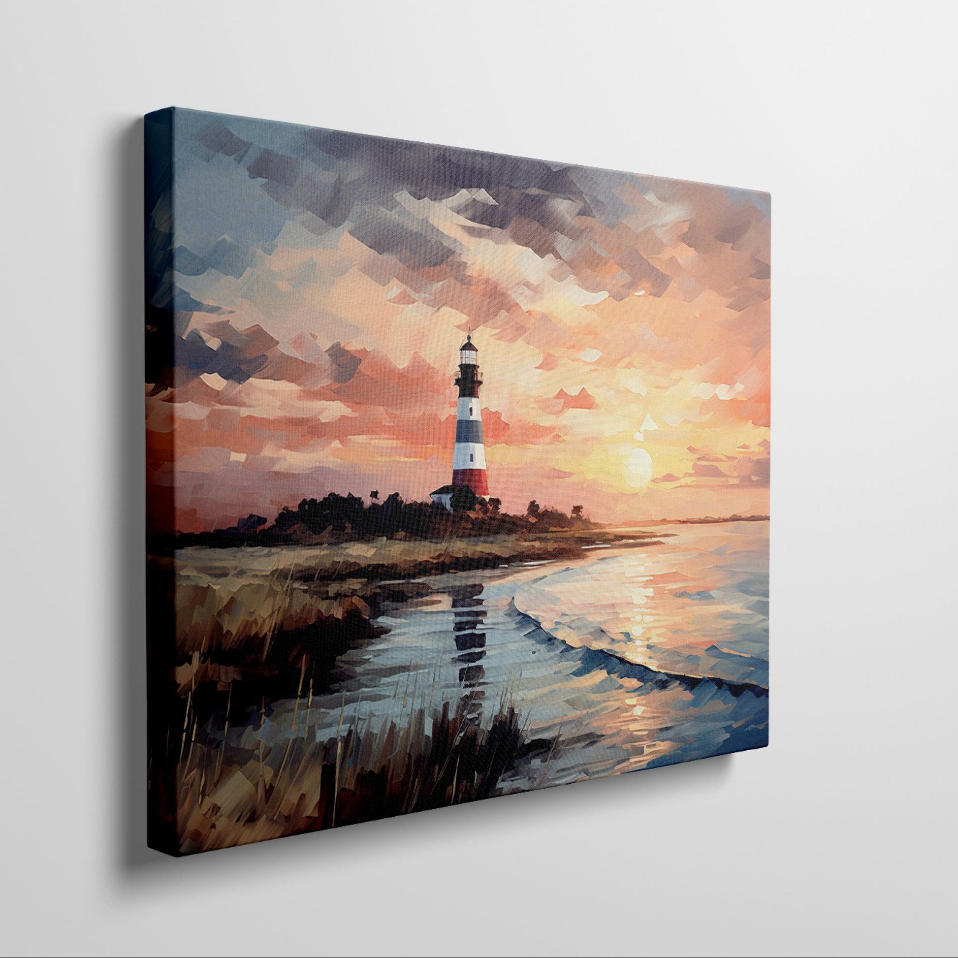 Framed canvas print of an impressionist lighthouse by the sea at sunset with vibrant colours