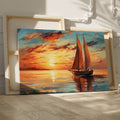 Impressionistic canvas painting of a sailboat at sunset with vivid orange sky and calm sea reflections