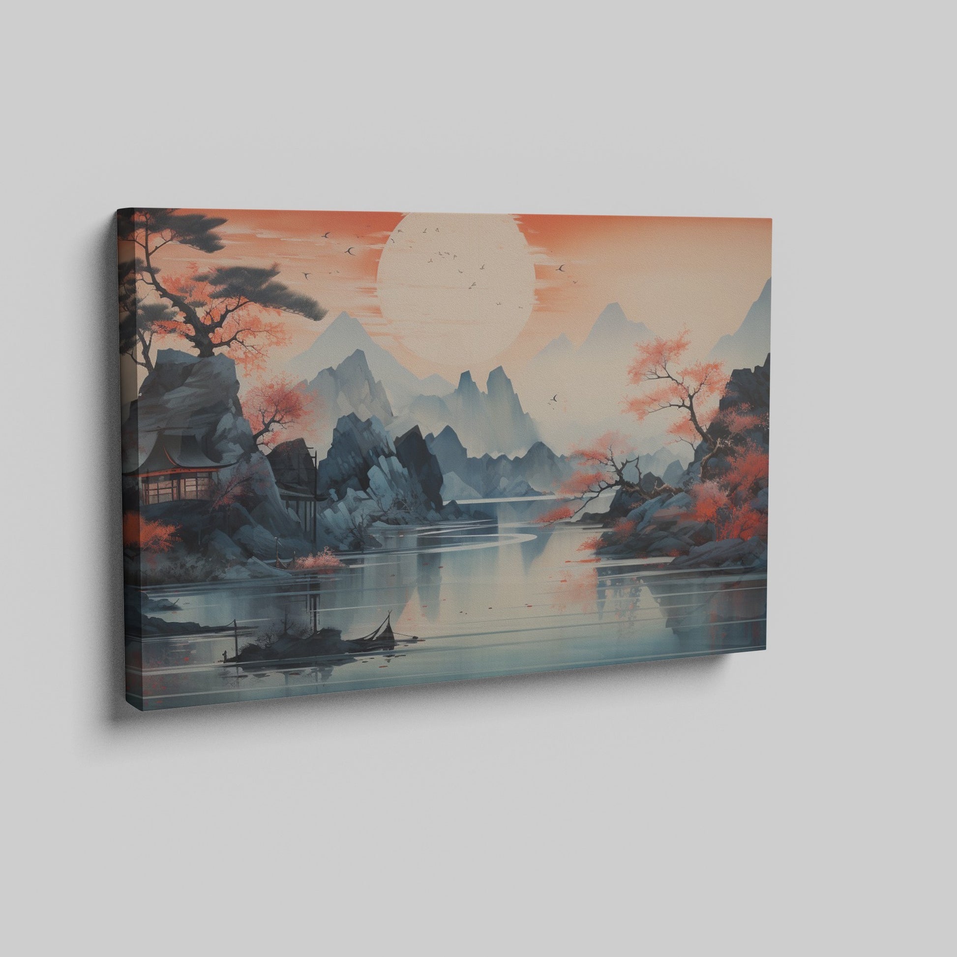 Framed canvas print of an Oriental Sunset with Cherry Blossoms and Mountains