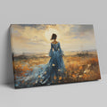 Framed canvas print of an elegant lady in a blue dress against a rural sunset backdrop with warm hues and a dramatic skyline