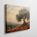 Framed canvas print of a stylised olive tree in a rustic Mediterranean landscape with warm terracotta and olive green tones