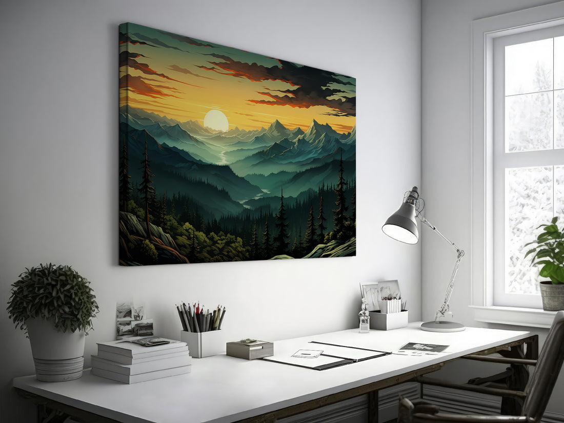 Framed canvas print of a scenic mountain landscape at sunrise with vibrant colours and forested valley