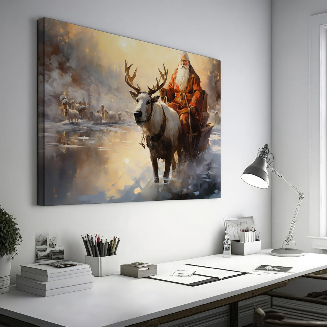 Framed canvas print of a mythical figure in red with a reindeer in a warm, snowy sunset landscape