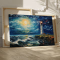 Framed canvas print of an impressionist lighthouse seascape with textured brushwork and dynamic ocean waves