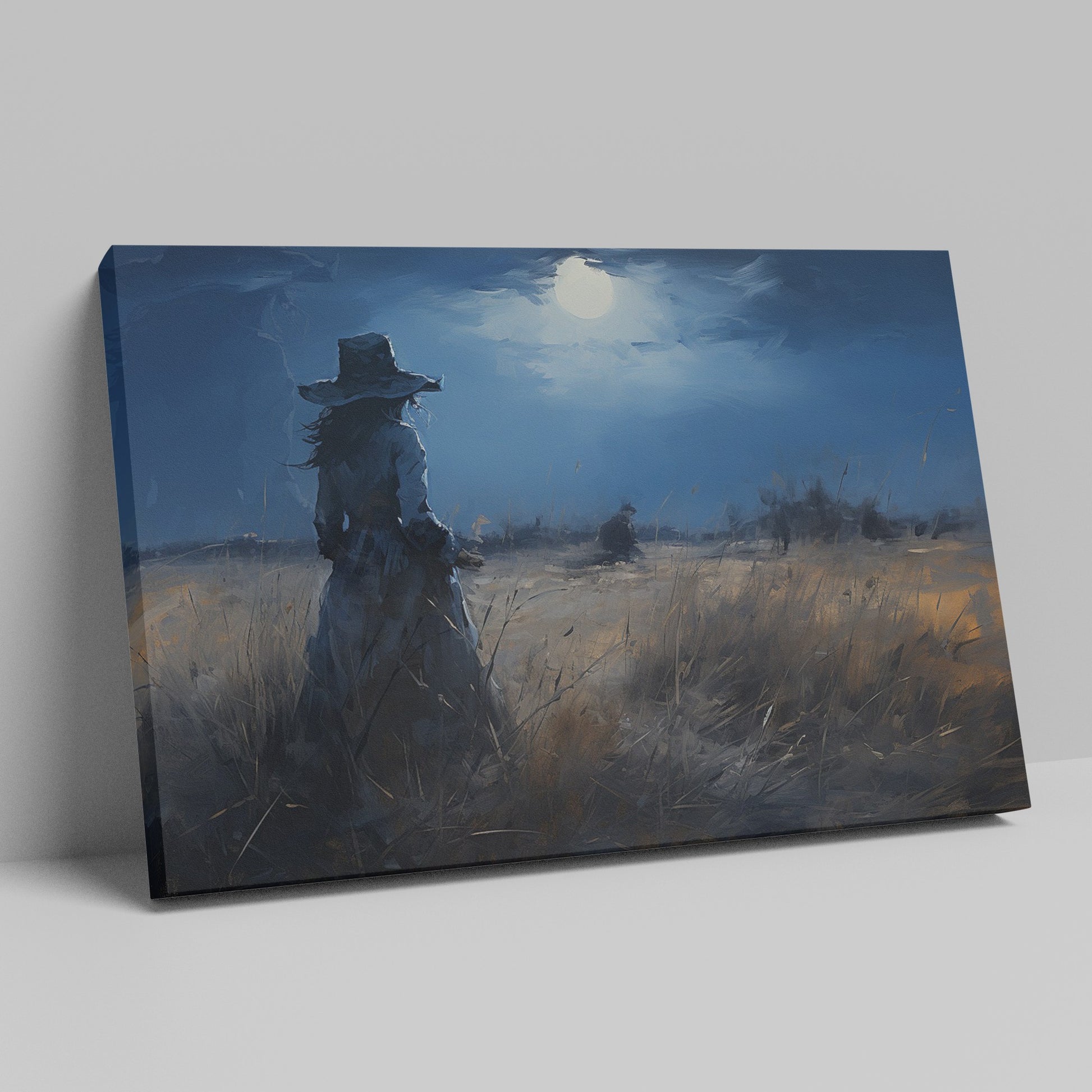 Framed canvas print of a woman in a twilight field under a glowing moon