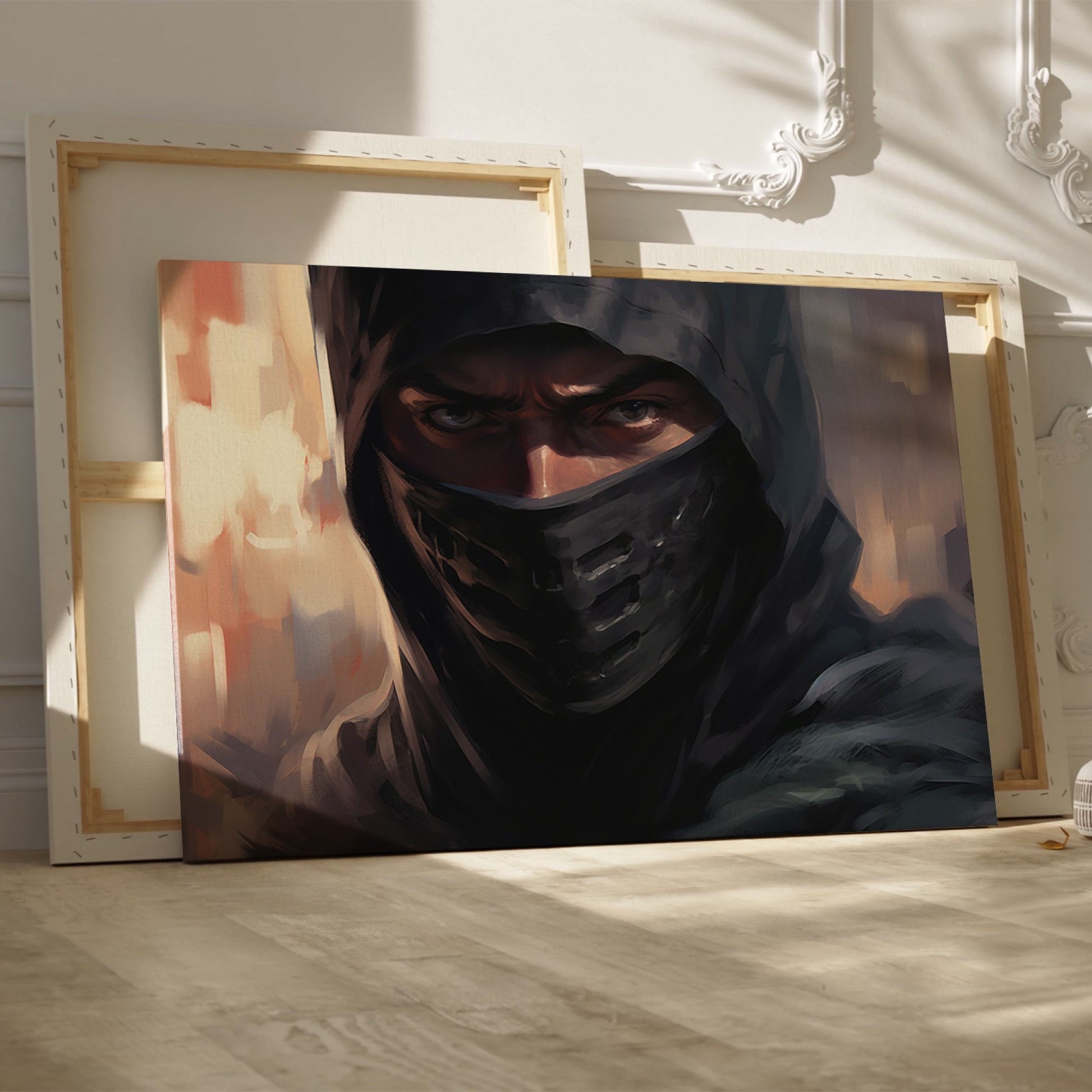 Framed canvas print of a mystic ninja warrior with an intense gaze and a shrouded dark veil.