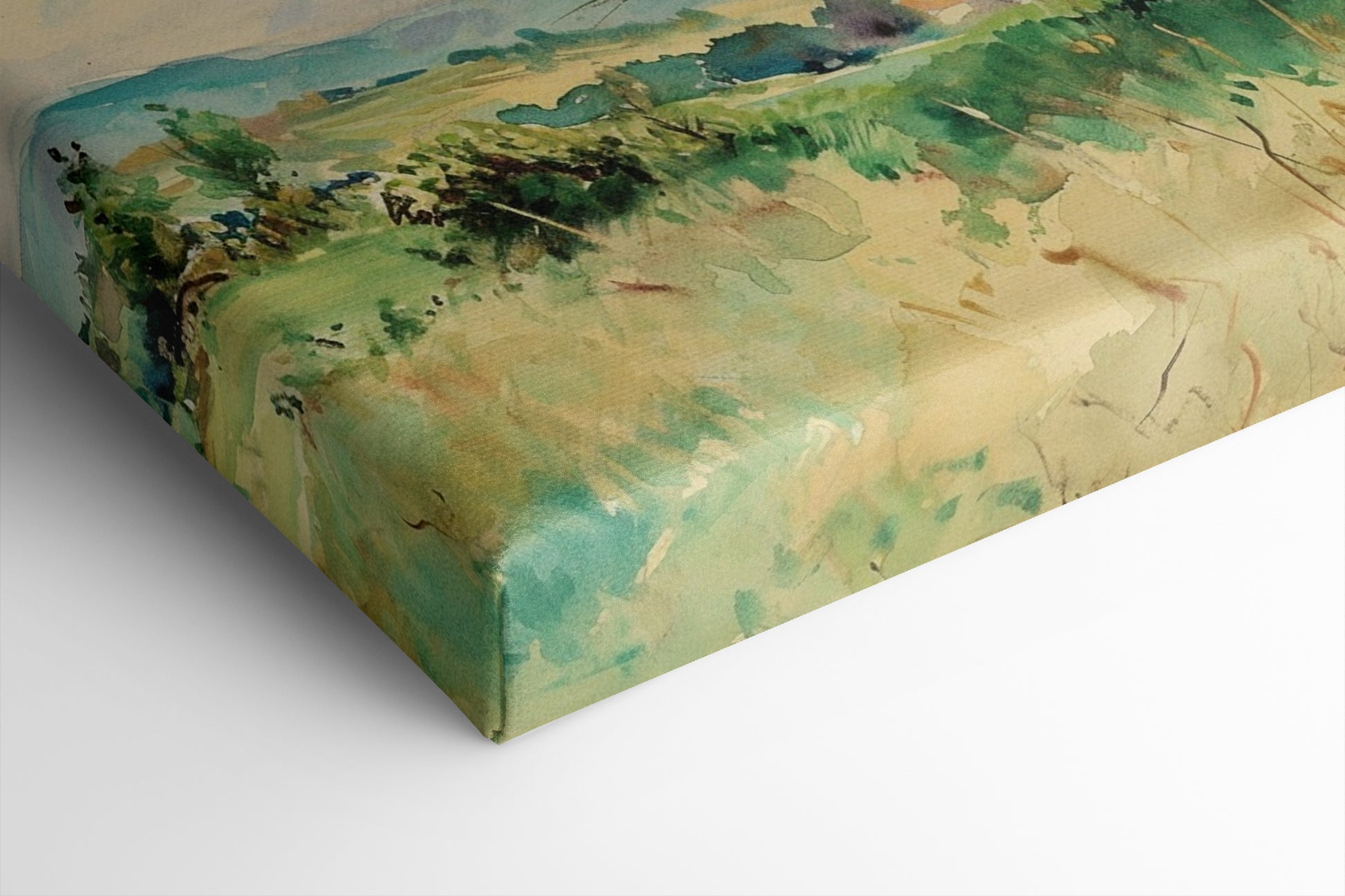 Framed canvas print of a watercolour countryside landscape with vibrant greens and soft skies