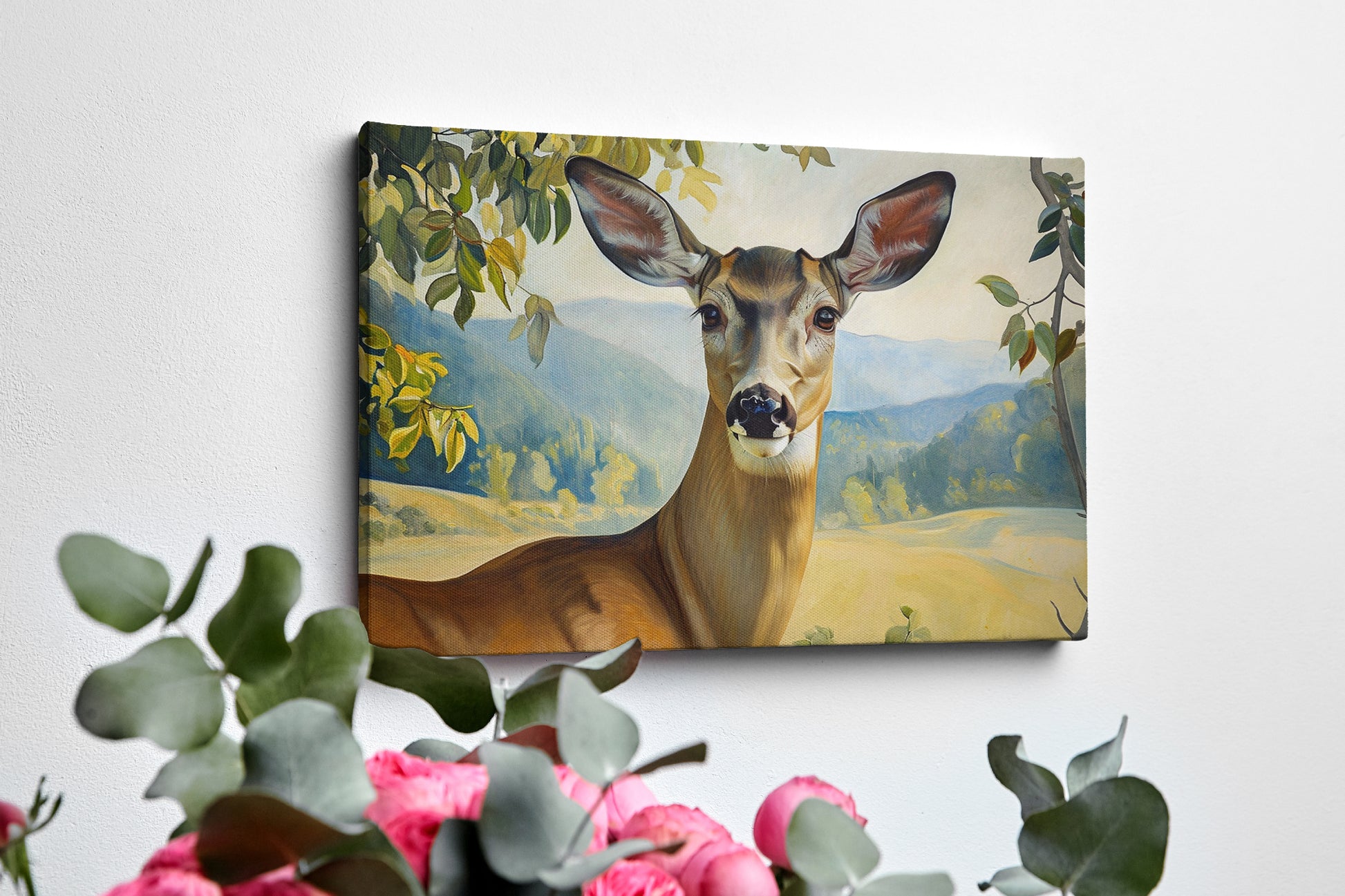 Framed canvas print of a realistic deer in a serene countryside setting with lush foliage