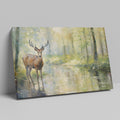 Framed canvas print of a deer standing beside a forest stream in impressionist style