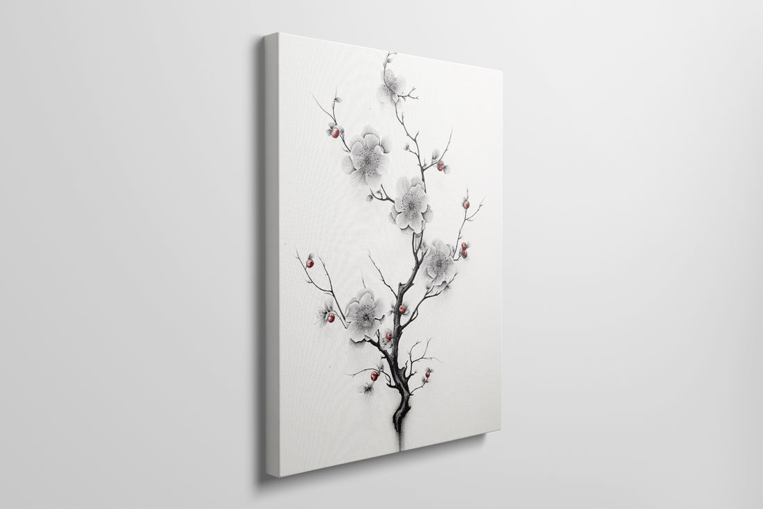 Framed canvas print of monochrome cherry blossoms with red accents