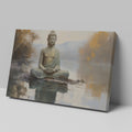 Framed canvas print of a serene Buddha in meditation with a reflective water landscape and autumnal trees