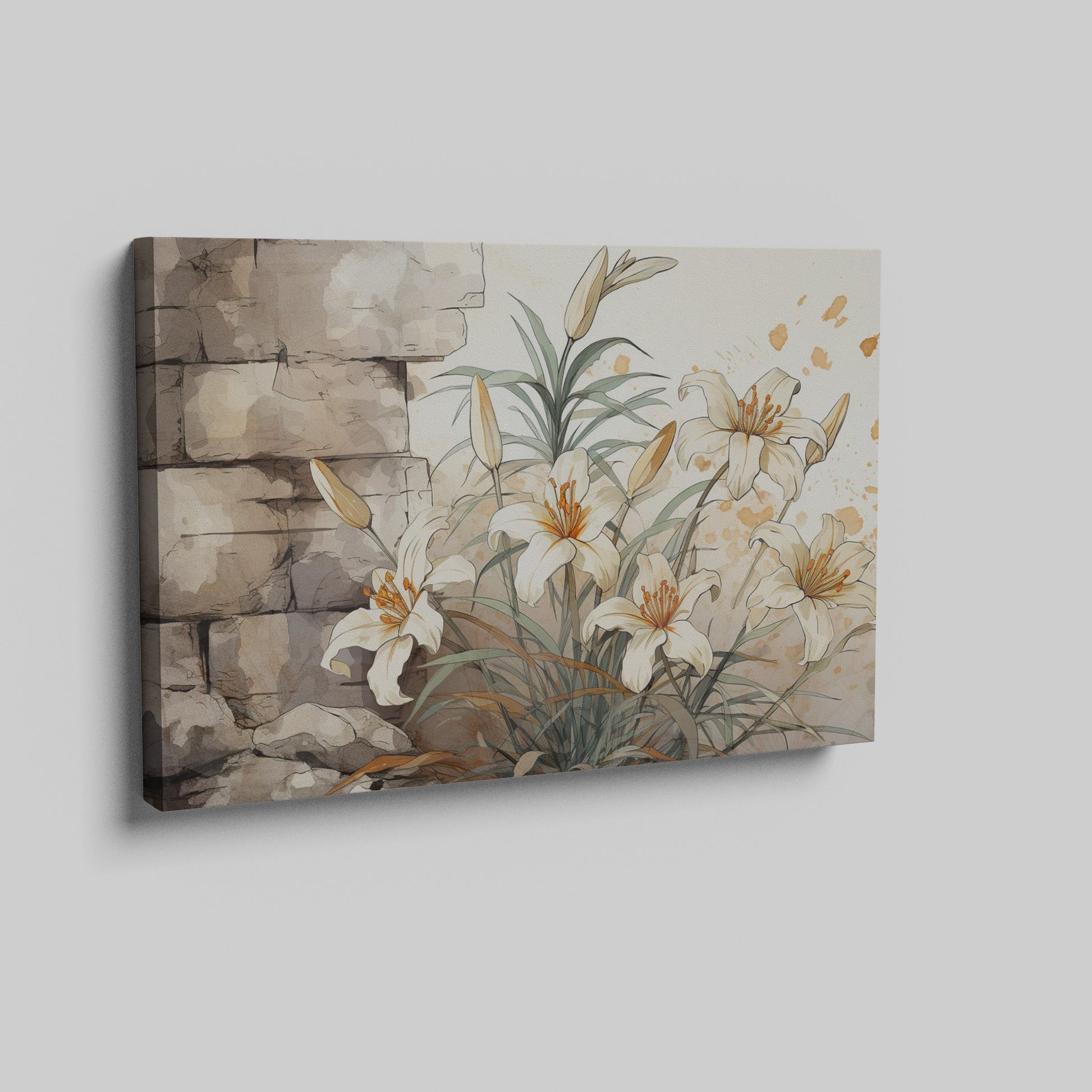 Framed canvas print of elegant white lilies with a rustic textured background in warm earthy tones