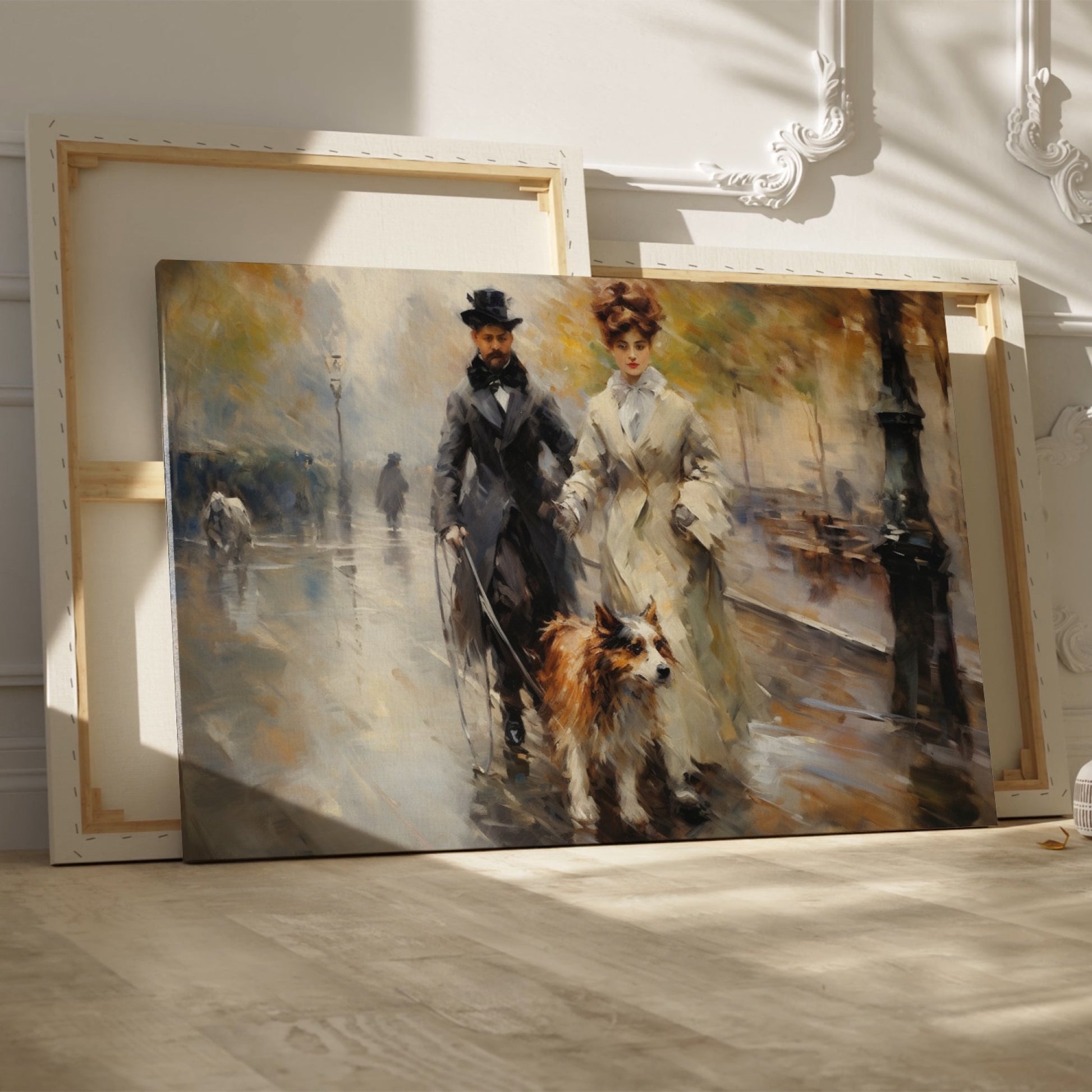 Framed canvas print of a Victorian couple and their dog walking on a rainy Paris street