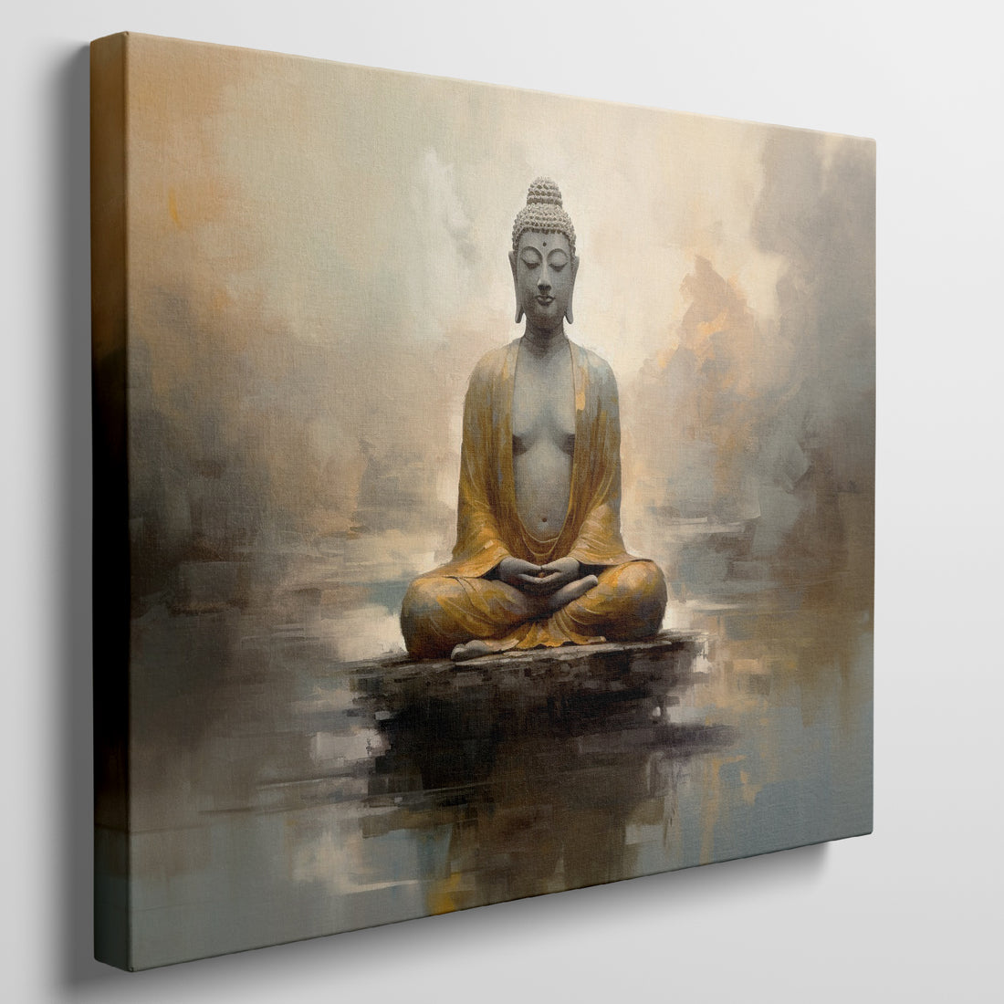 Framed canvas print of a serene Golden Buddha statue with abstract background