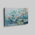 Framed canvas print of tranquil watercolor lotus pond with delicate blues and teals