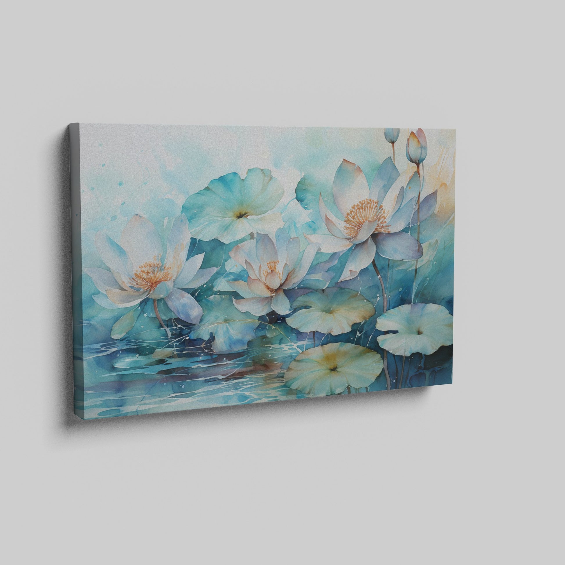 Framed canvas print of tranquil watercolor lotus pond with delicate blues and teals