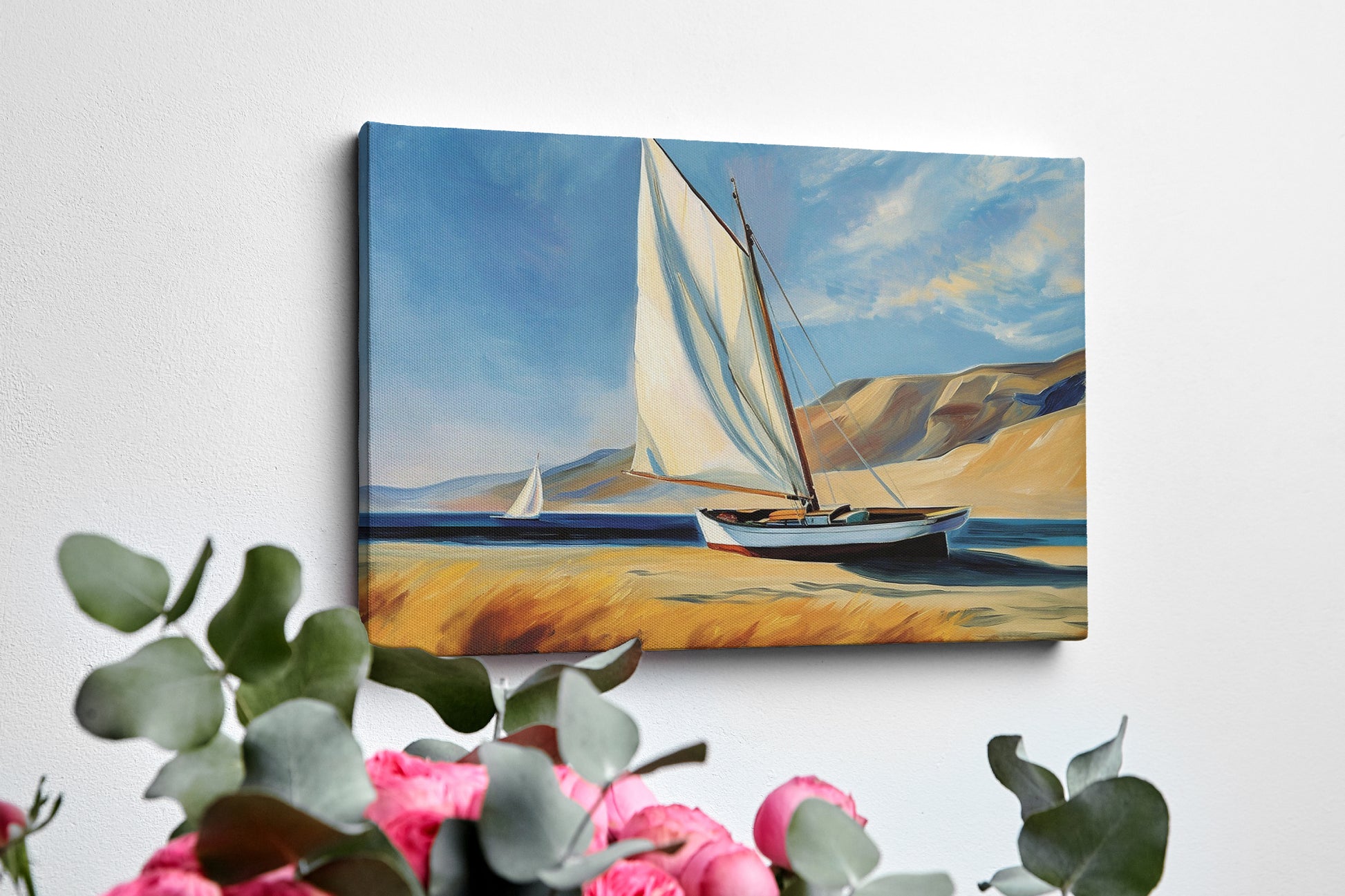 Framed canvas print of sailing boats with white sails against a backdrop of blue skies and dunes