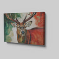 Framed canvas print of an impressionist stag portrait with vibrant red and green tones