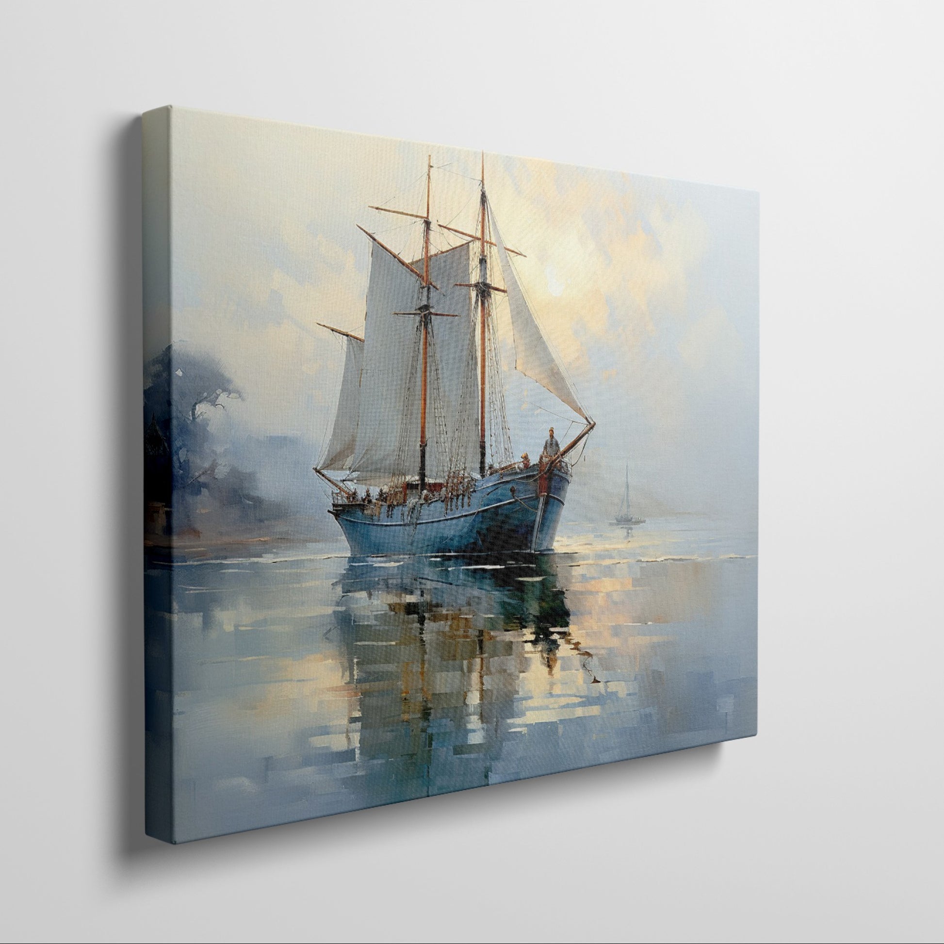 Framed canvas print of tranquil dawn light with an elegant sailing ship reflecting in the ocean