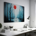 Framed canvas print of a mysterious blue forest with a vibrant red moon and a lone silhouette reflected on the water