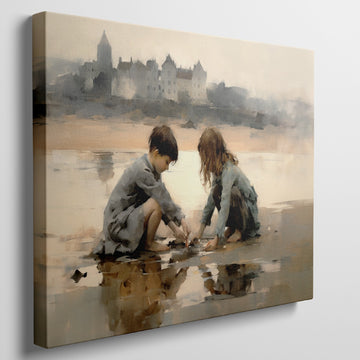 Framed canvas print of two children playing by the shore with a castle in the background