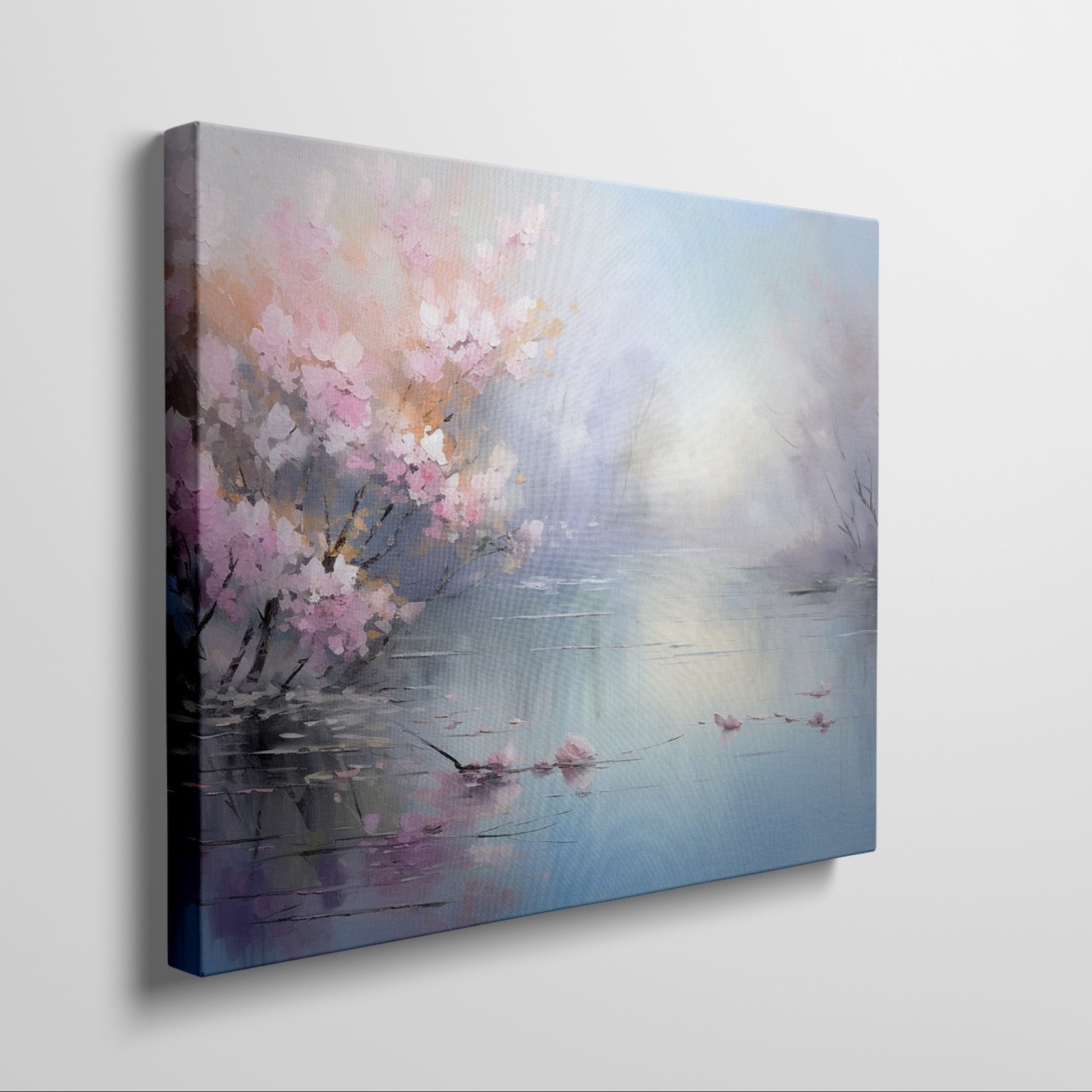 Framed canvas print of impressionist lakeside scene with blooming cherry blossoms and tranquil water reflections in pastel colours.