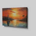 Framed canvas print of a vibrant impressionist sailboat against an orange hued sunset